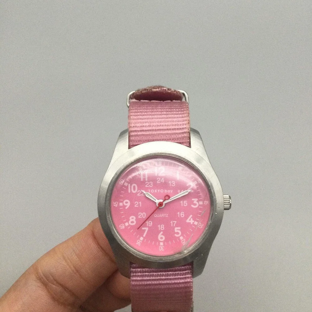 TOKYObay Womens Watch 32mm Pink Dial Nylon CRACKED CRYSTAL New Battery